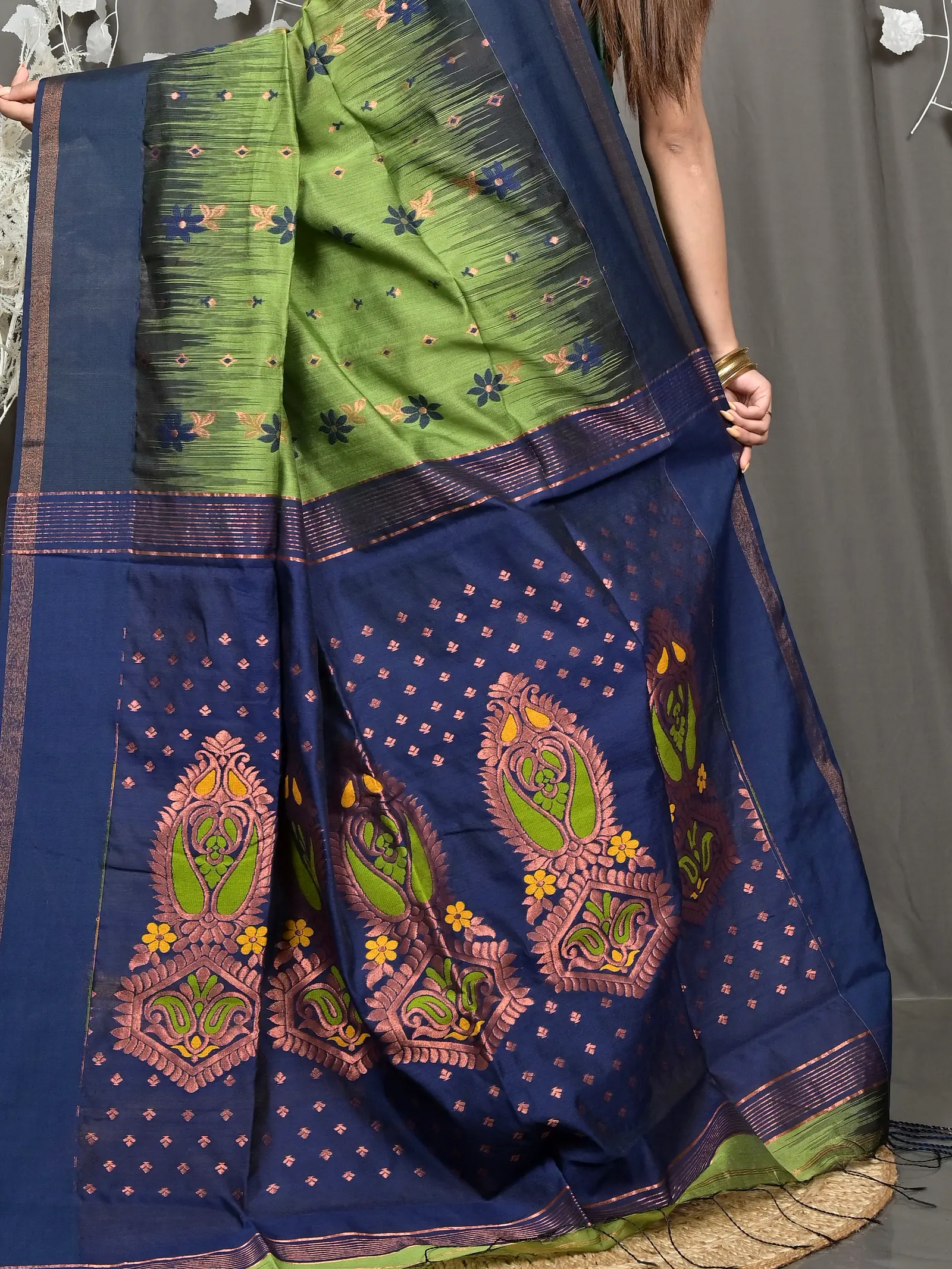 Green Blue Cotton Blend Parlkim Ikkat Jharna Saree (2288)